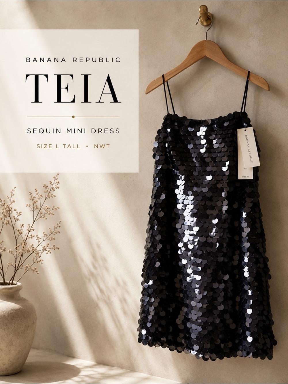Banana Republic Teia Black Sequin Mini Dress NWT Size L Tall